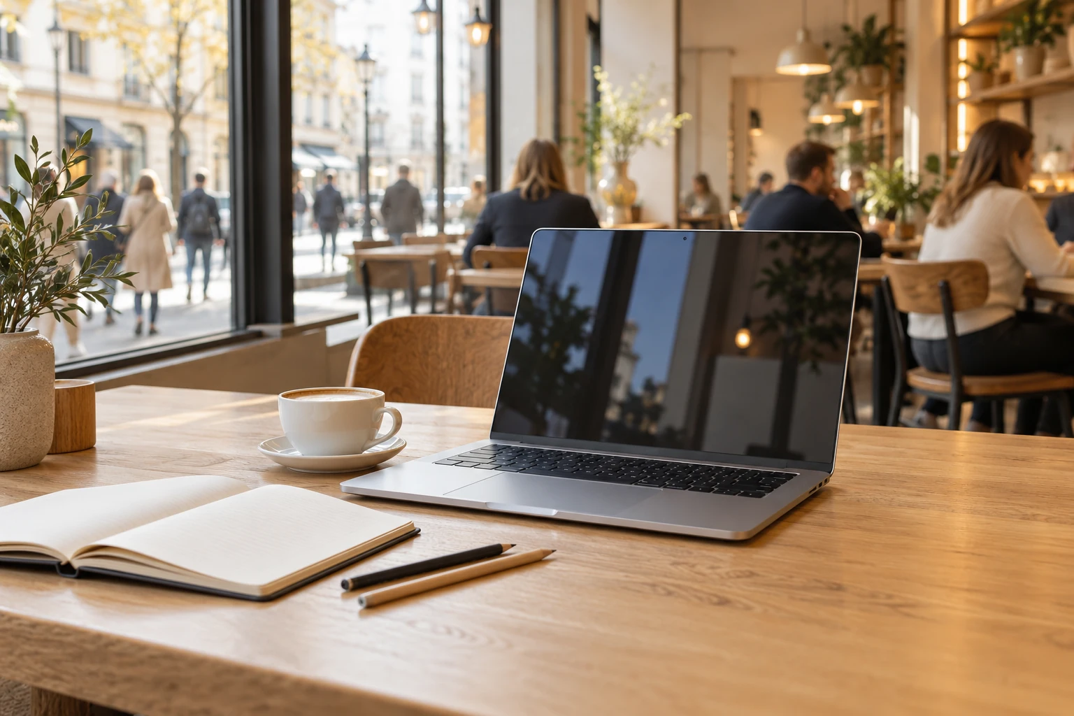 Ilustracyjna fotografia: laptop, kawa, notes i ołówki na biurku w ciepłej kawiarni; w tle ludzie i ulica za oknem.